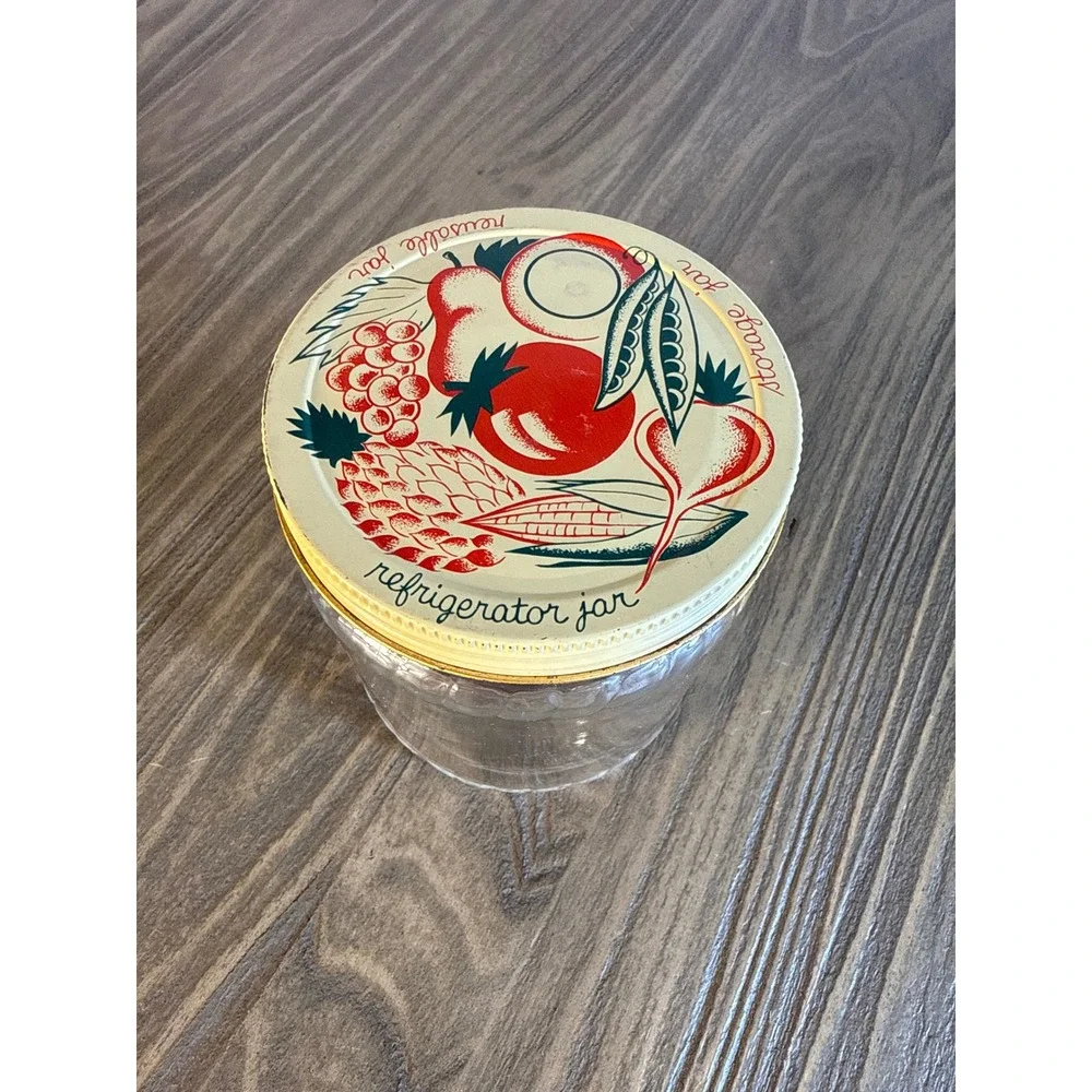 Vintage MCM Refrigerator Storage Jar Paneled Glass Tin Lid Fruit Vegetable 4.5in
